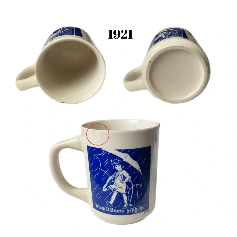 “When It Rains It Pours” White Blue Yellow Coffee Mug Set 1914 1921 1968